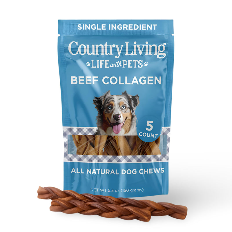 Country Living 6” Braided Collagen Sticks for Dogs – 5 Count Bag – All-Natural, Long- Lasting Dog Chews – High in Protein & Collagen – Rawhide-Free, Grain-Free – Supports Dental Health