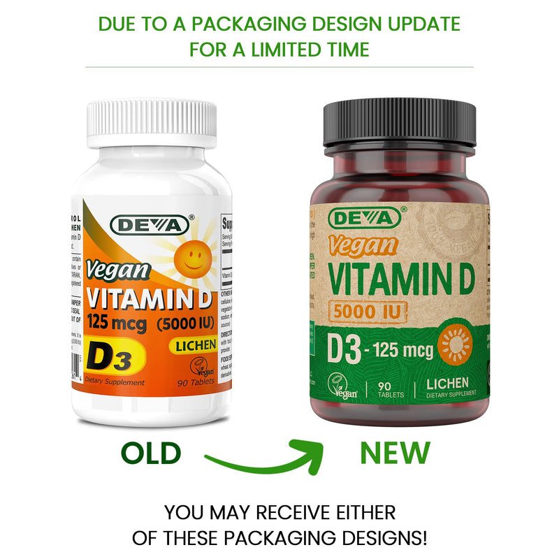 DEVA Vitamin D3 5000 IU, Sunshine Supplement, 125 mcg of Vegan D3, 90-Count Bottle 90 Count (Pack of 1)