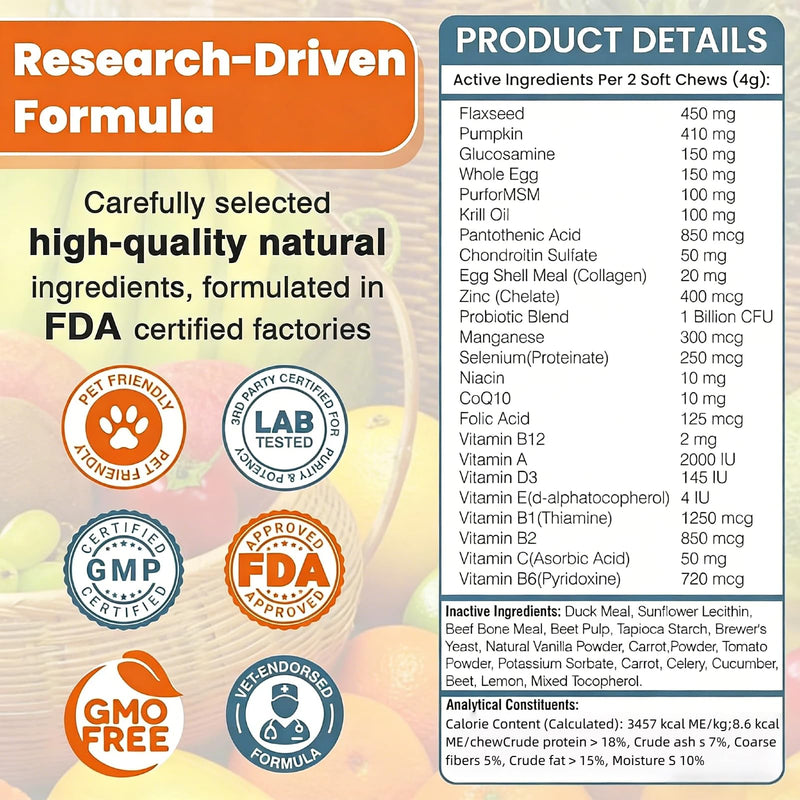 24-in-1 Dog Vitamins and Supplements, Dog Multivitamin Chewable with Glucosamine, Chondroitin, Probiotics & Omega 3 for Skin and Coat, Hip and Joint, Gut and Immune Support, 200 Chews