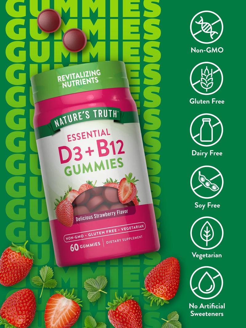 Nature's Truth Vitamin D3 and B12 Gummies for Adults | 60 Count | Strawberry Flavor | Vegetarian, Non-GMO & Gluten Free Supplement | Strawberry Flavor | Vegetarian, Non-GMO & Gluten Free Supplement 60 Count (Pack of 1)