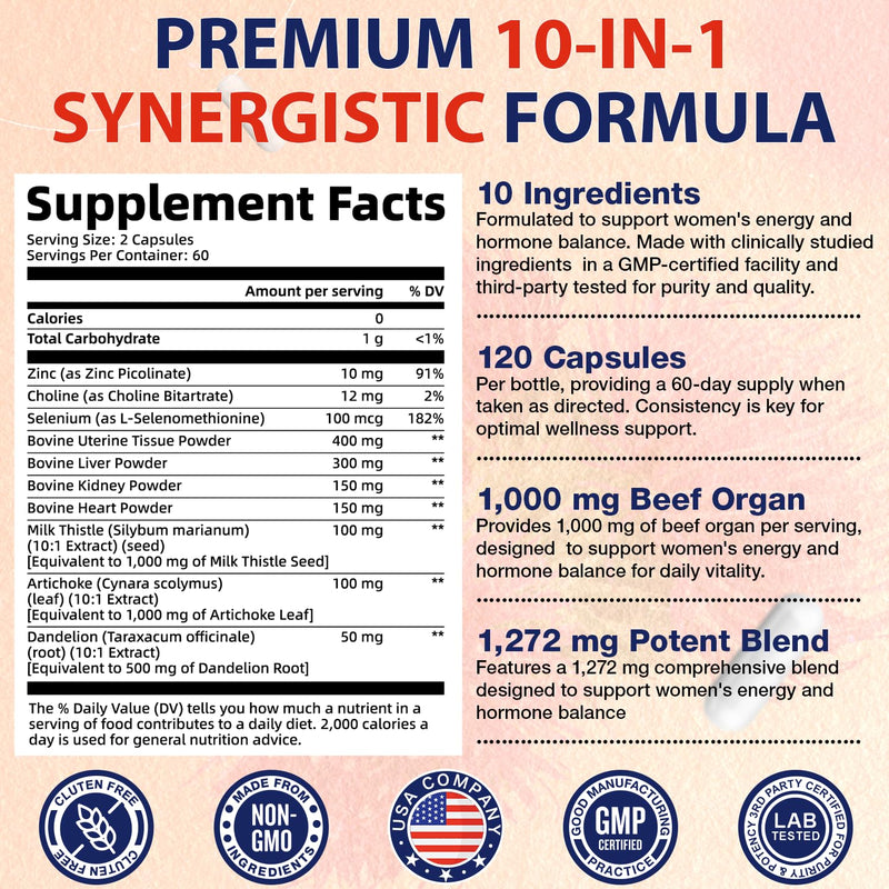 Female-Optimized Beef Organ Complex Superfood Supplement Beef Liver Kidney | Heart, Uterus & 6 More - Grass Fed, Pasture Raised，with Milk Thistle, Balance Hormones, Energy & Women's Wellness 120 Caps