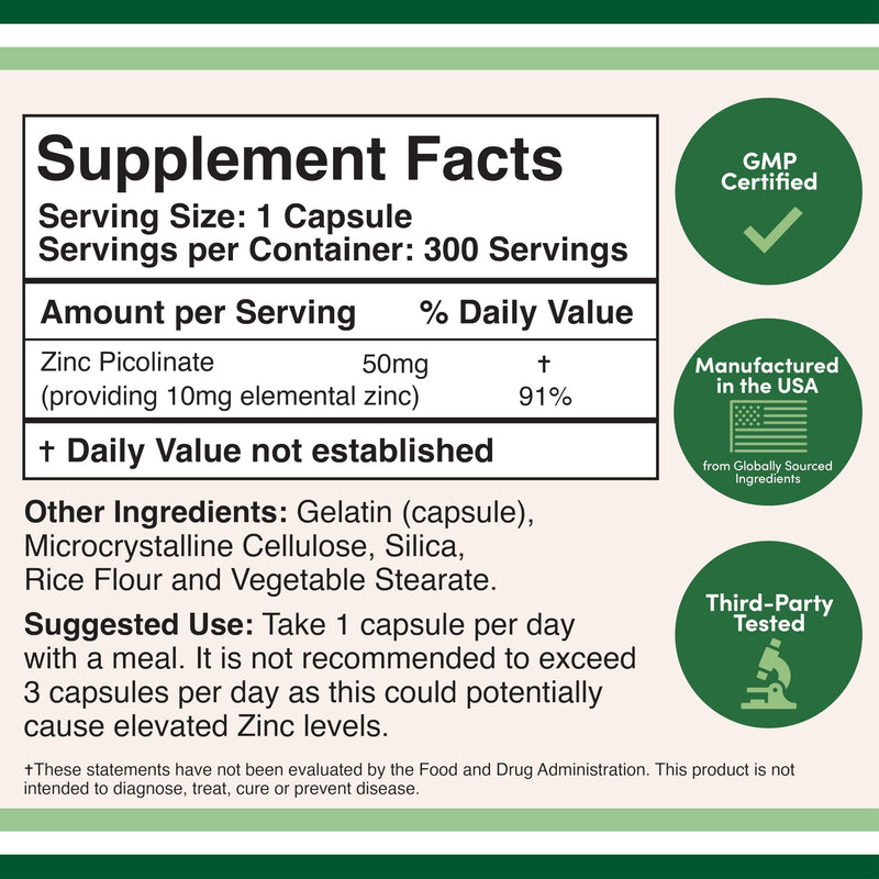 Zinc Picolinate 50mg, 300 Capsules (Immune Support) Non-GMO, Gluten Free (300 Day Supply) by Double Wood Supplements - BeesActive Australia