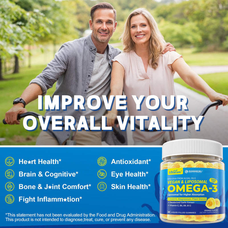 Omega-3 Gummies + CoQ10+ Magnesium- EPA 600mg & DHA 400mg, Fish Oil Omega 3 Supplements Alternative for Women Men Adults - from Vegan Algae Oil- Liposomal Form - with Plant Sterols, Garlic, Sugar Free 60 Count (Pack of 1)