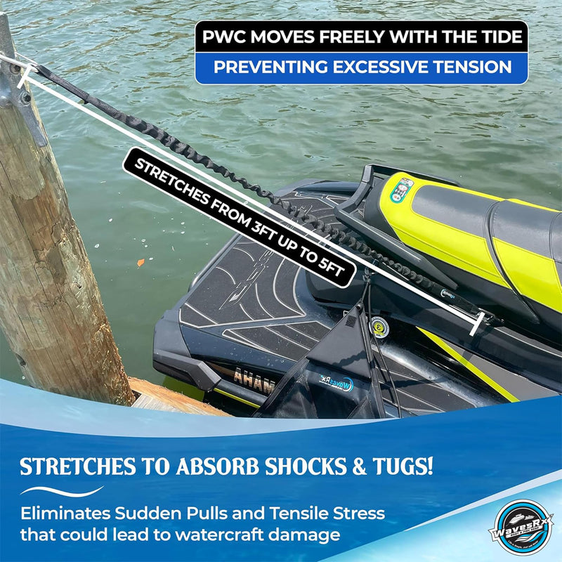 WAVESRX DockingPal - Premium Flat Bungee Dock Lines for Boats I Elastic Boat Dock Rope with Stainless Steel Carabiners | Stretches from 3' to 5' | Absorbs Shocks Prevent Damage to Jet Ski & PWC Black - 3ft - BeesActive Australia
