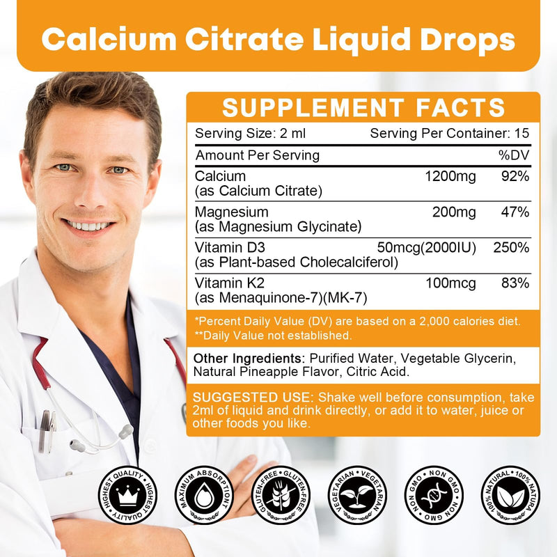 Calcium Citrate Supplement – Calcium Citrate 1200mg with Vitamin D3 Drops | Highly Absorbable | Non-GMO, Gluten-Free | Bones, Teeth & Muscle Support - 1 Fl Oz (2 Pack)