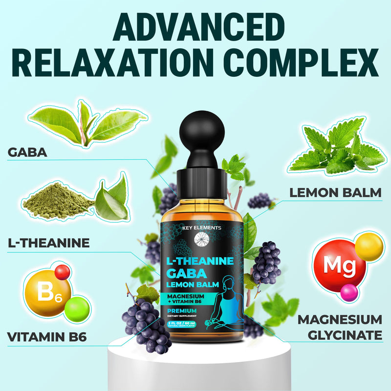 KEY ELEMENTS Liquid GABA with L Theanine Supplement | GABA 500mg and L-Theanine 200mg with Lemon Balm Extract and Magnesium with Vitamin B6