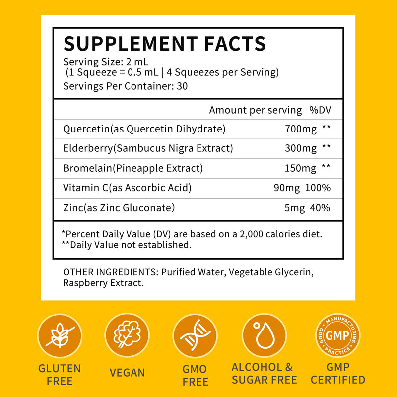 (2 Pack) Liposomal Quercetin with Bromelain Liquid Drops for Kis & Aldult- Higher Absorption, Quercetin Supplements 700mg w. Bromelain Elderberry Zinc Vitamin C for Immune, Heart, Antioxidant Support 2 Fl Oz (Pack of 2)