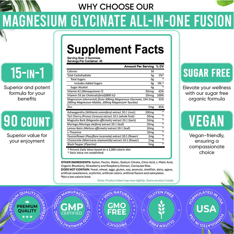 Adndale Magnesium Glycinate 400 mg Gummies with Ashwagandha, Magnesium Malate & Taurate, Tart Cherry, Magnolia Bark, Lemon Balm, Passionflower, Chamomile, L-Theanine, Zinc, Vitamin K2 & D3. 180CT Strawberry 90 Count (Pack of 2)