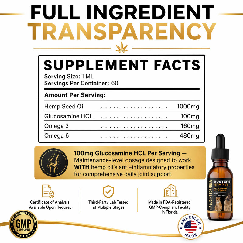 Busters Hemp Oil for Dogs with Glucosamine 2-Pack Dual-Action Joint Support + Calming,100mg Glucosamine + Organic Hemp Oil with Omega 3 6 9 — Bacon Flavor, Third-Party Lab Tested — Made in USA