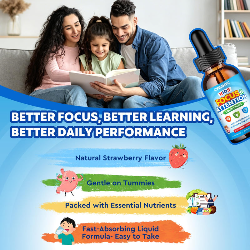 Kids Focus and Attention Supplements with Phosphatidylserine, Omega-3, Magnesium Glycinate & L-Theanine, Brain Vitamins Liquid Drops for Kids Memory, Cognitive, Sleep, Calm & Mood, Strawberry, 4 Fl Oz 4 Fl Oz (Pack of 1)