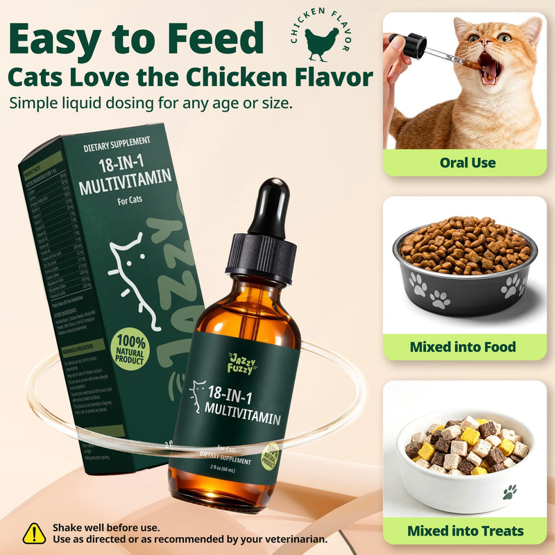 18-in-1 Liquid Multivitamin, Taurine & Lysine for Cats, Cat Liquid Vitamin, Senior & Picky Cats, Supports Immune, Skin & Coat, Energy & Overall Wellness, Chicken Flavor, 2 fl oz