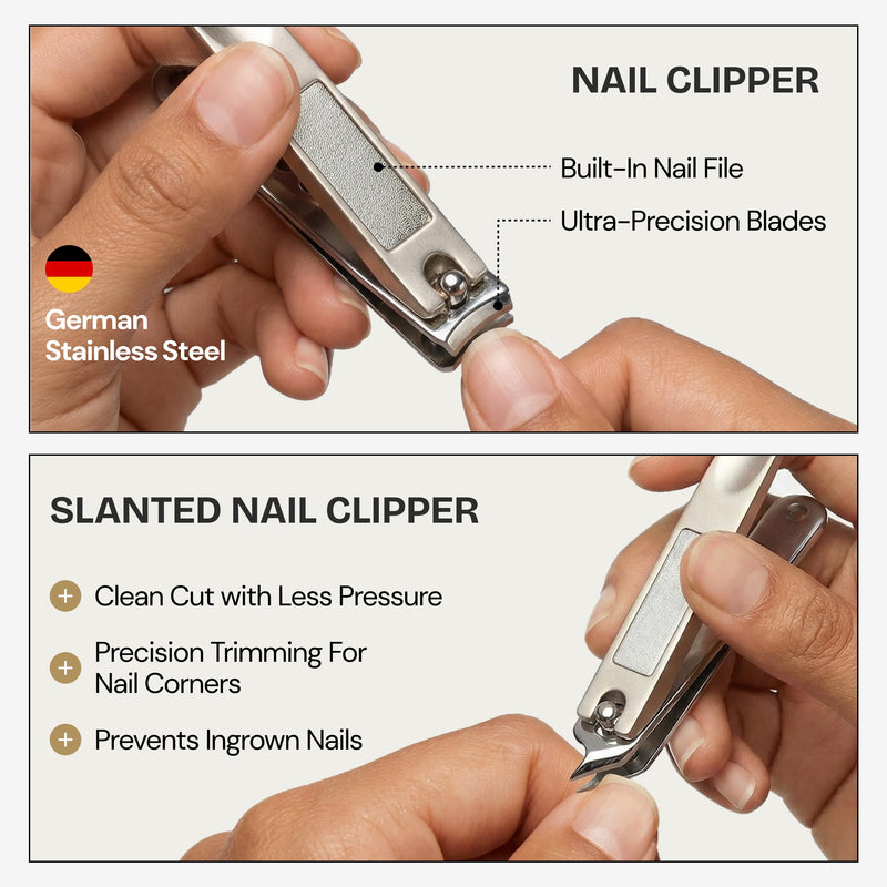 Beauty Power Manicure Pedicure Set 7-in-1 Stainless Steel, Ultra Sharp, Slanted Nail Clipper, Fingernail Clipper, Cuticle Nipper, Glass Nail File, Eyebrow Tweezers, Scissors, Case - Gift Idea - Gray Matte Gray