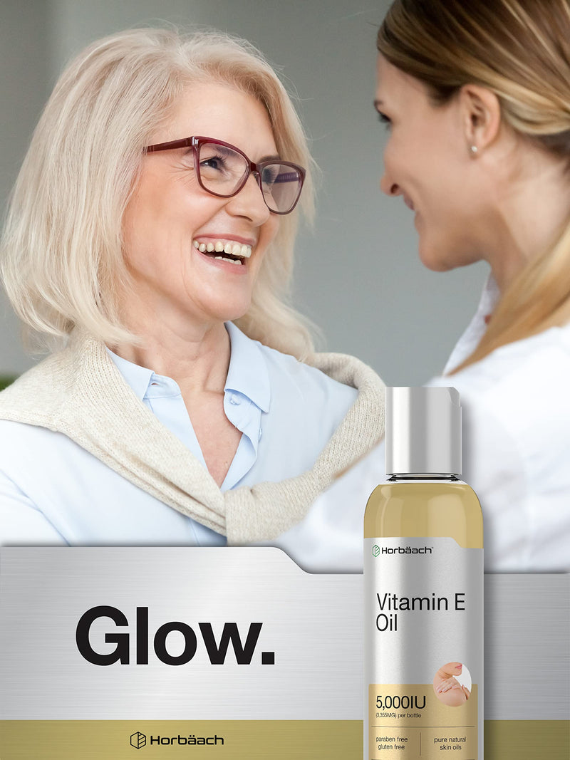 Horbäach Vitamin E Oil | 5000 IU | 8 oz (2 x 4oz) Value Pack | for Skin, Hair, Face & Body | Vegetarian, Non-GMO, and Gluten Free Formula 4 Fl Oz (Pack of 2)