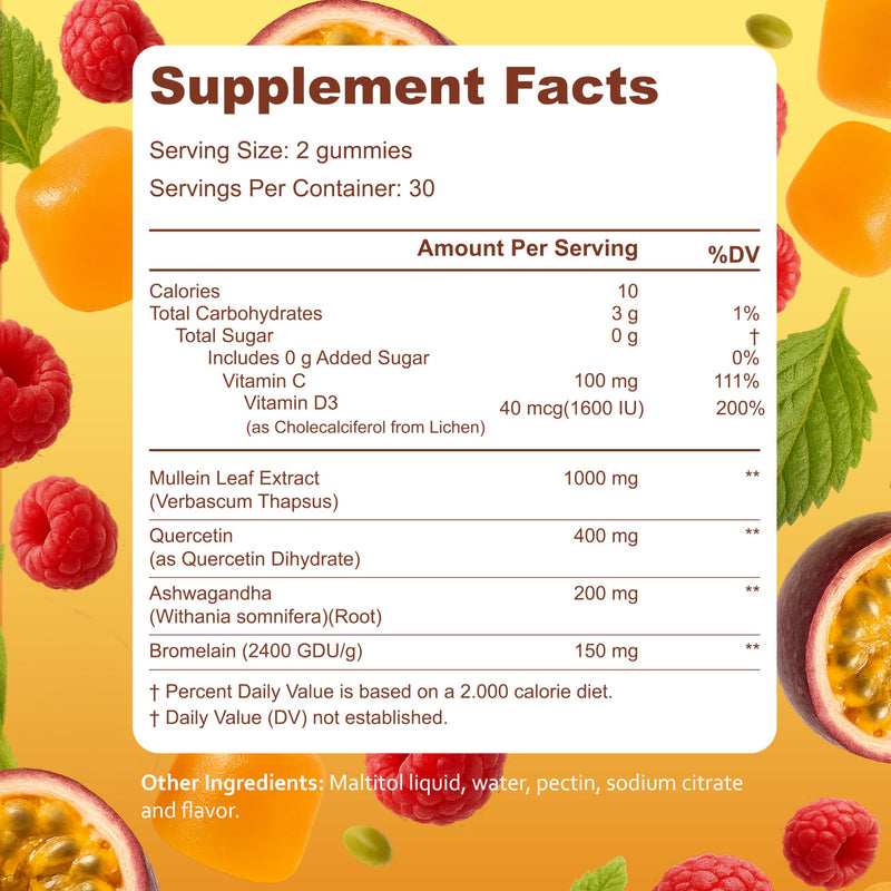 Kynis & co. Mullein Gummies for Overall Wellness – Mullein Leaf Extract, Quercetin, Bromelain, Ashwagandha, Vitamin C & D – Passion Fruit & Raspberry Flavor – 60 Gummies