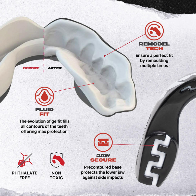 SAFEJAWZ Mouth Guard, Dual Layer Mouthguard for Adults with Case, Easy Fit Remoldable Mouthpiece for Football, Boxing, Lacrosse, MMA, Basketball & All Contact Sports (Adult 12+ Years, Black Fangz) Adults 12+ Years - BeesActive Australia