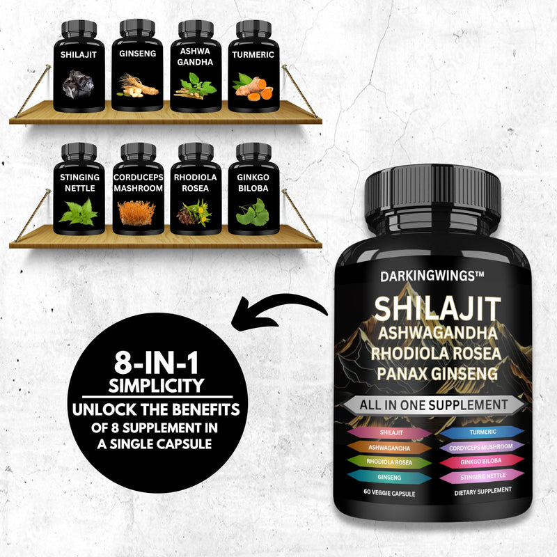8-in-1 Shilajit 9000 Panax Ginseng 1500MG Ashwagandha 2000MG Rhodiola Rosea 1000MG, Turmeric 500MG, Gingko Biloba 500mg, Stinging Nettle 250MG, Cordyceps Mushroom 500mg for Full Body Power - BeesActive Australia