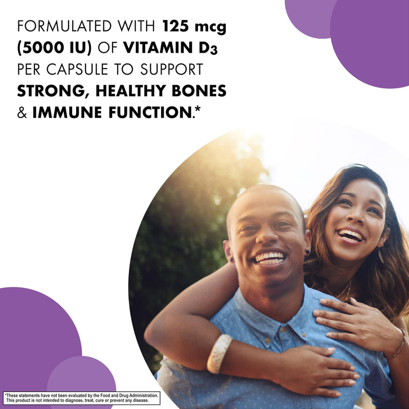 Bluebonnet Nutrition Vitamin D3 5000 IU Vegetable Capsule, Aids in Muscle & Skeletal Growth, Cholecalciferol from Lanolin, D3, Non GMO, Gluten Free, Soy Free, Milk Free, Kosher, 60 Count | Non-GMO, Vegetarian, Gluten-Free, Soy-Free Unflavored