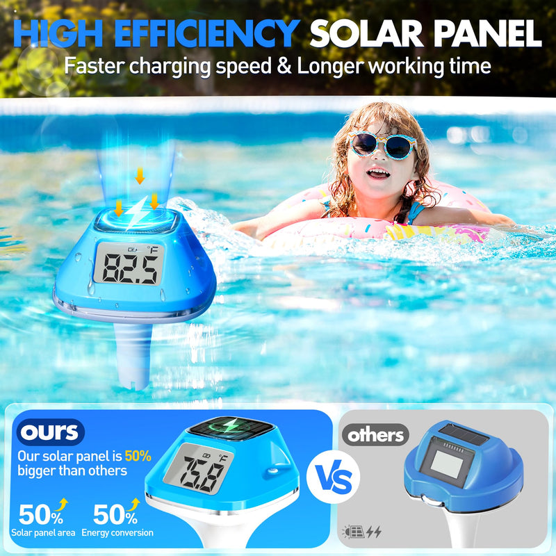 DeeprBlu 2026 New Iteration Solar Digital Pool Thermometer with Rope, Easy Read Extra Large Backilt LCD Display Floating Pool Thermometer, IP68 Waterproof Pools Water Temperature Gauge for Hot tub,Spa Light Blue