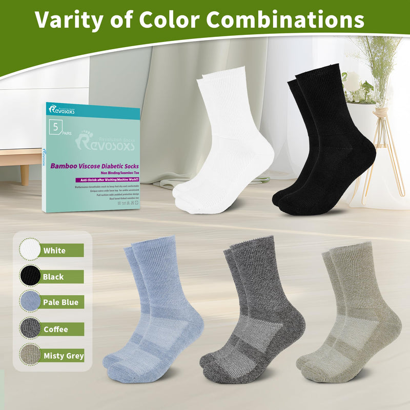 Diabetic Crew Socks for Men Women,Bamboo Viscose Non-Binding Loose Top Wide Socks with Seamless Toe 6-9 9-12 Black/White/Gray-blue/Coffee/Grass Gray Large