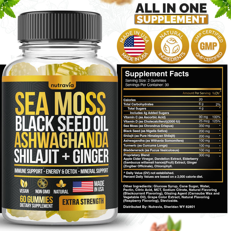 Sea Moss, Black Seed Oil, Ashwagandha, Ginger, Shilajit Gummies with Elderberry, Chlorophyll, Turmeric Bladderwrack Sea Moss Gummies Advanced Strength Formula - All in 1 Bundle - USA Made (60 Gummies)