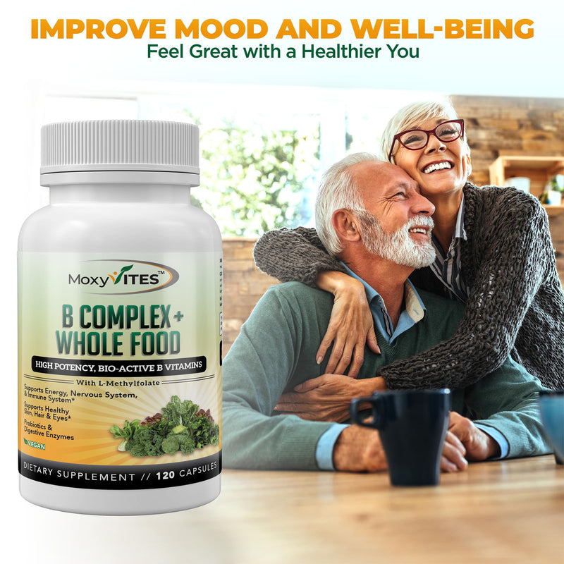 MoxyVites Vitamin B Complex - B Vitamins Whole Food Supplement, B12 Methylcobalamin, B1, B2, B3, B5, B6, B7, B9 - for Stress, Energy and Immune Support, Vegan, 120 Capsules 120 Count (Pack of 1)
