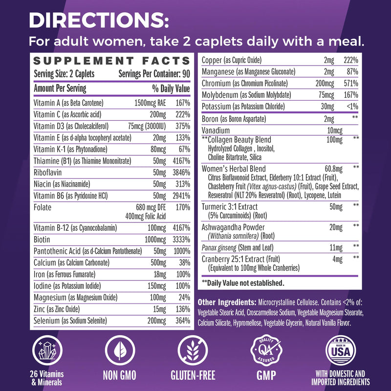 Vitamin World Ultra 360 Multivitamin for Women, Hair, Skin & Nails Support | Women's Multivitamin with Herbs & Collagen, Iron, Vitamin A, B, C, D, E for Energy & Immune Support, 180 Caplets 180 Count (Pack of 1)