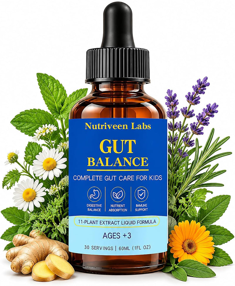 Gut Balance for Kids, 11-Plant Liquid, Raspberry, 60 Servings | Measured dropper, plant-based formula, no pills or capsules, simple daily use