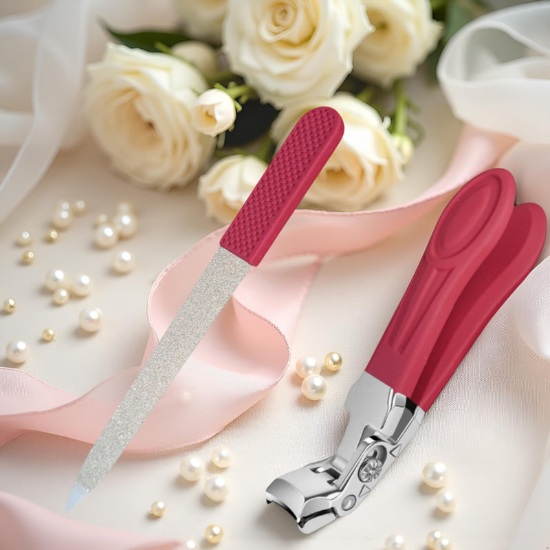 Professional Ruby Red Angled Nail Clippers for Seniors – 5'' Elegant Thick Toenail Clipper with Nail File, Ultra-Sharp Blades, Nail Catcher, Easy Grip & Safe Home Manicure & Pedicure Care Tool - BeesActive Australia