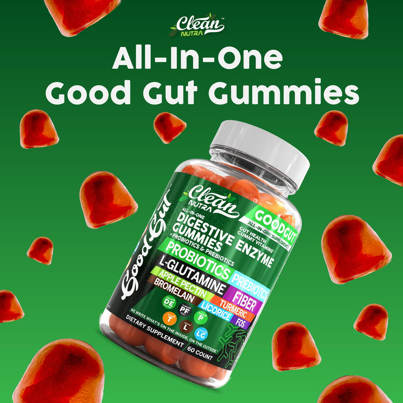 Clean Nutraceuticals Digestive Enzymes with Probiotics & Prebiotics for Digestive Health Gummies & L-Glutamine for Gut Health Bromelain Apple Pectin Inulin FOS Plant Based Vegan Gummy Vitamins 1