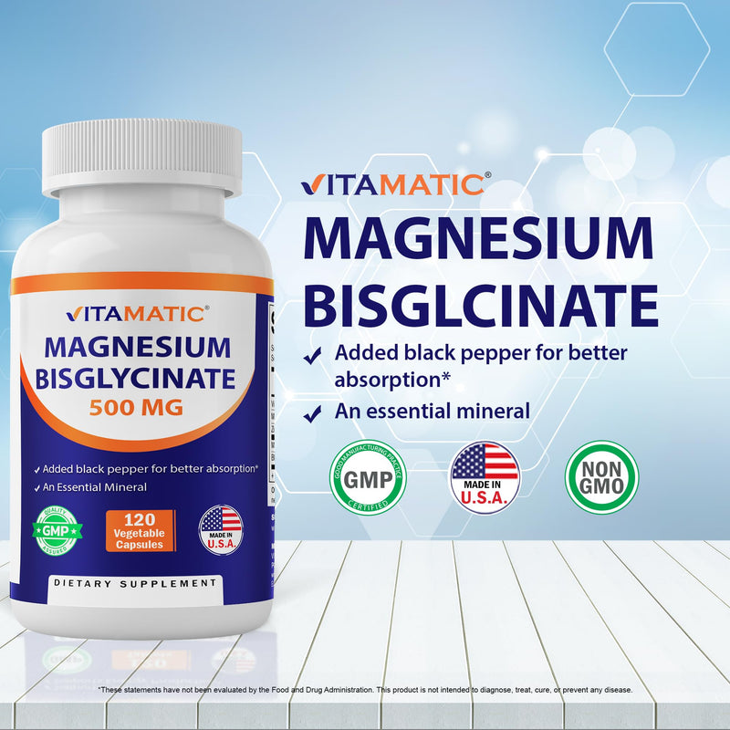 Vitamatic Magnesium (from Bisglycinate & Oxide) with Vitamin D3 & Zinc - 120 Veg Capsules - Supports Muscle, Joint, Nerve & Heart Health – Non-GMO, Gluten-Free (Pack of 2) 120 Count (Pack of 2)