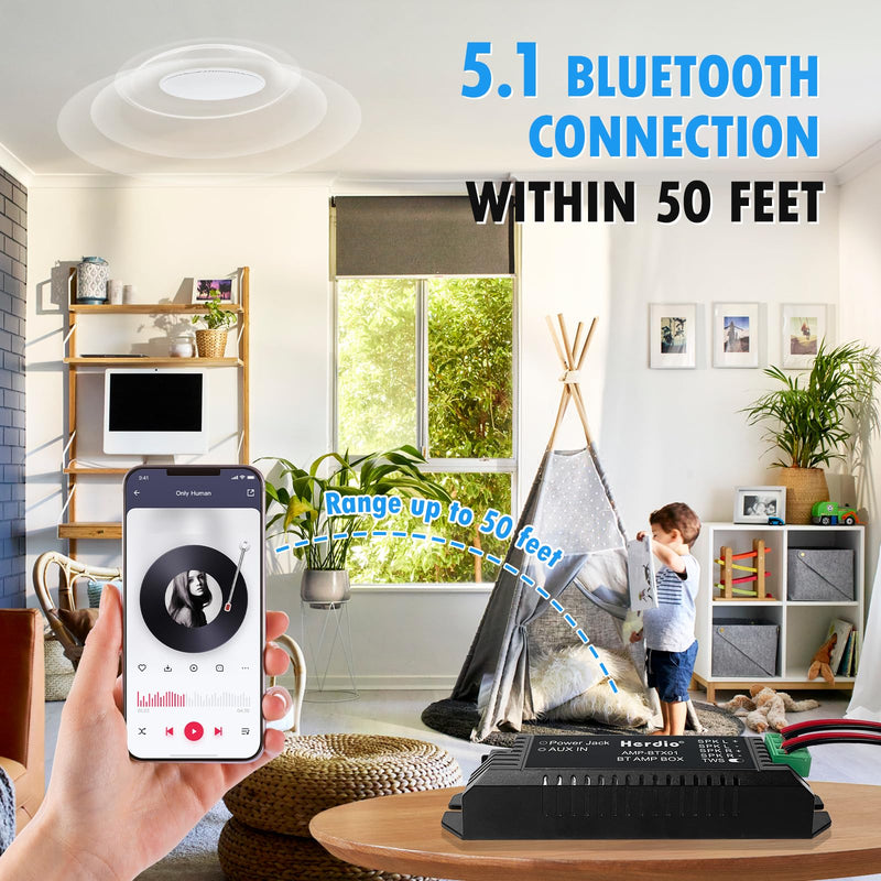 Herdio Bluetooth Home Audio Amplifier 2.0 Channel Receiver System for Passive Speakers with AUX TWS Suitable for Ceiling Marine Home Theater Garage Outdoor Indoor Small