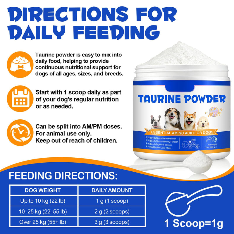 Taurine for Dogs – Daily Nutritional Supplement to Help Support Heart, Muscle & Overall Vitality – High-Purity & Easy-to-Mix, Additive-Free Formula for Puppies, Adult & Senior Dogs, 200g