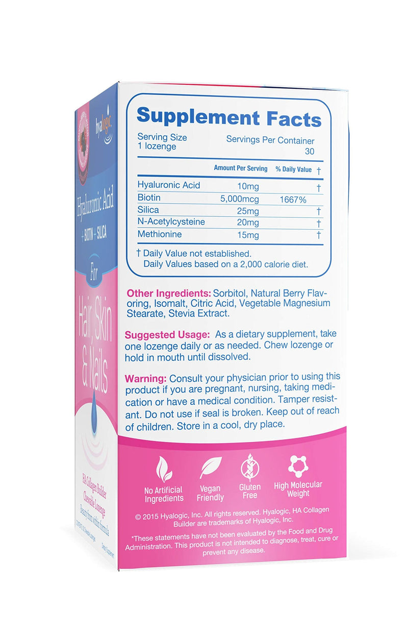 Hyalogic Hair Skin & Nails Hyaluronic Acid Collagen Builder – Delicious Berry Flavored Collagen Boost Chewable Lozenges – Sugar Free Vegan Collagen Ideal to Enhance Your Natural Beauty – 30 Count