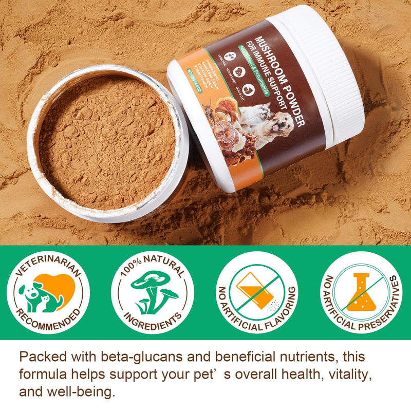 Mushroom Supplement Powder for Dogs & Cats, 11 Beneficial Mushroom Complex for Immune Support, Cellular Protection, Heart & Brain Health Lion's Mane, Reishi & Turkey Tail, Bacon Flavor - 120g 120 g (Pack of 1)