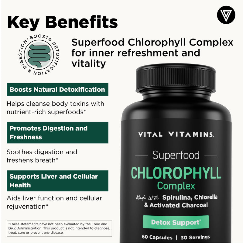 Vital Vitamins Chlorophyll Pills with Spirulina, Chlorella & Charcoal | Detoxifies & Freshens from Within, Natural Body Deodorizer, Superfood Complex for Women & Men, 60 Capsules 60 Count (Pack of 1)