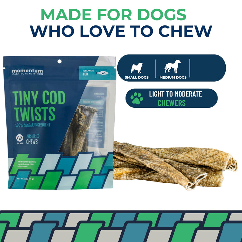 Momentum Carnivore Nutrition Tiny Cod Twists Dog Chews – Single Ingredient Icelandic Cod Skin Treats – Natural Dental Support, High-Protein Fish Chews – 3.1 oz Bag 3.1 Ounce (Pack of 1)