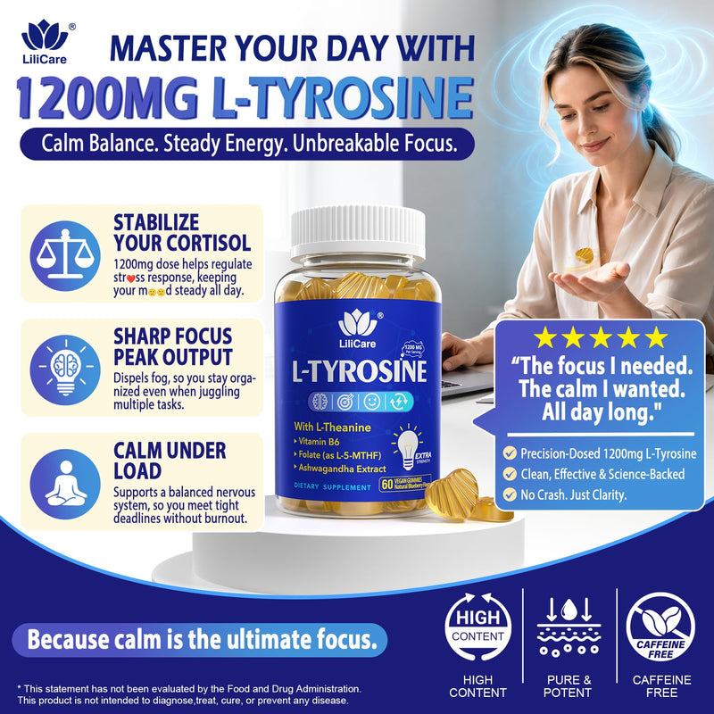 L Tyrosine Gummies 1200MG, Cortisol Reducer Supplements for Women Men 120Ct | L-Tyrosine Calm & Focus Gummies w/ L-Theanine, Ashwagandha, Vitamin B6 & B9 for Relaxation, Mood, Memory, Energy - Vegan
