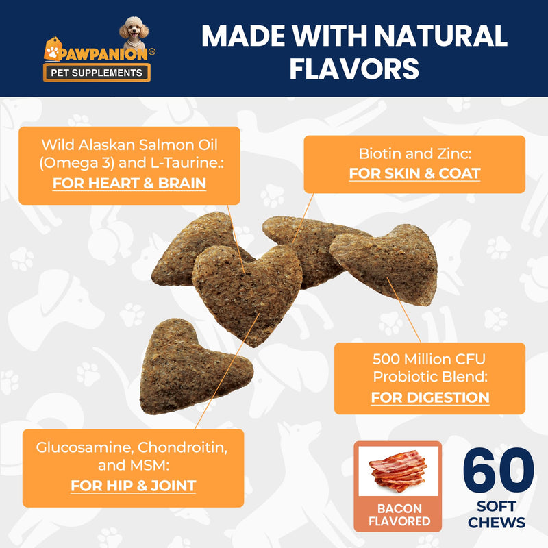 Multivitamin Soft Chews for Dogs, Daily Vitamins & Immune Support, Joint Skin Gut Health Formula, Probiotics + Omega + Vitamins, 60 Soft Chews Bacon Flavor Multi-vitamin