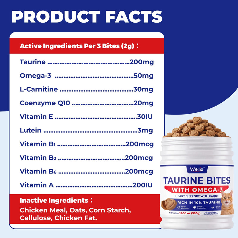 Wellix 450 Bites Taurine for Cats for Heart & Eye Health – Taurine Supplement with Omega-3, CoQ10 and Vitamins for Cats – Heart and Eyes Support for Kitten, Adult & Senior Cats 10.58 oz
