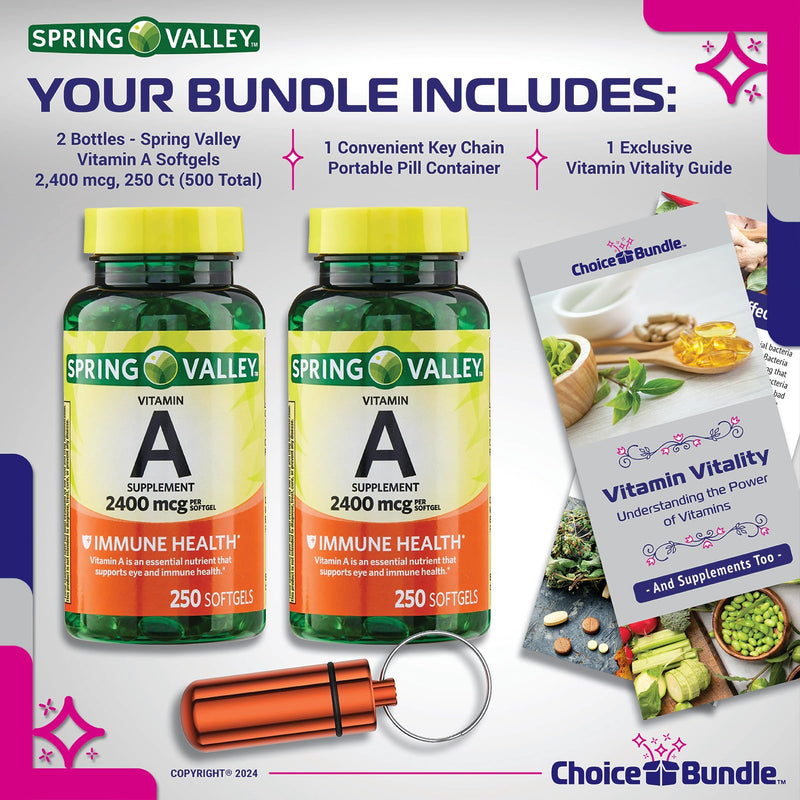 Spring Valley Vitamin A Softgels, 2400 mcg 2Pk Choice Bundle (500 Total) + Vitamin Vitality Guide and Pill Container (4 Items)! 250 Count (Pack of 2) - BeesActive Australia