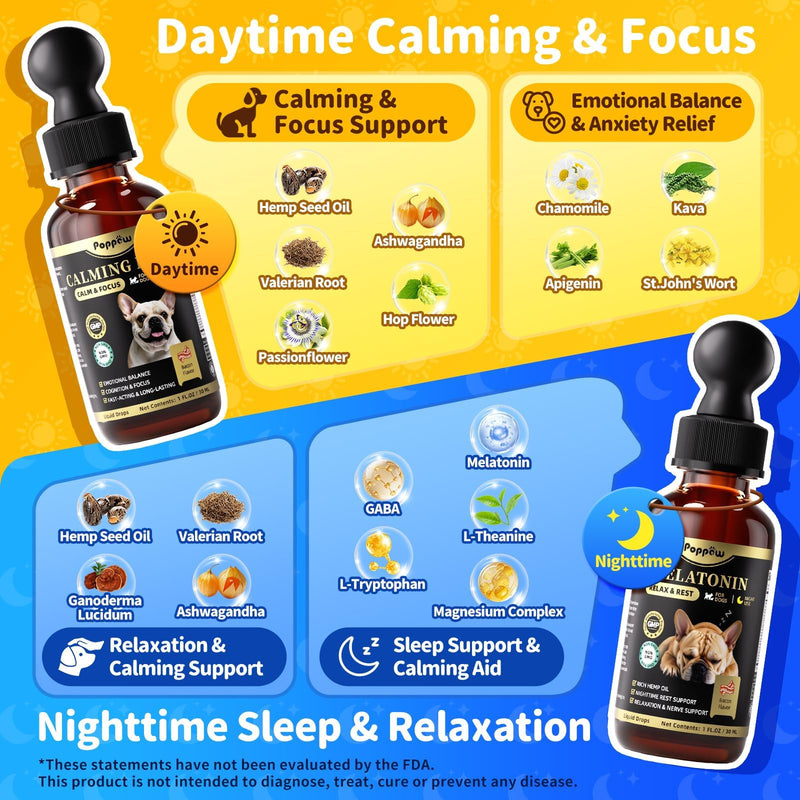 Calming Melatonin Drops for Dogs, Day & Night Dog Calming Treat for Anxiety, Separation, Stress, Travel, Relaxation & Sleep Support, Bacon Flavor, 2 Fl Oz