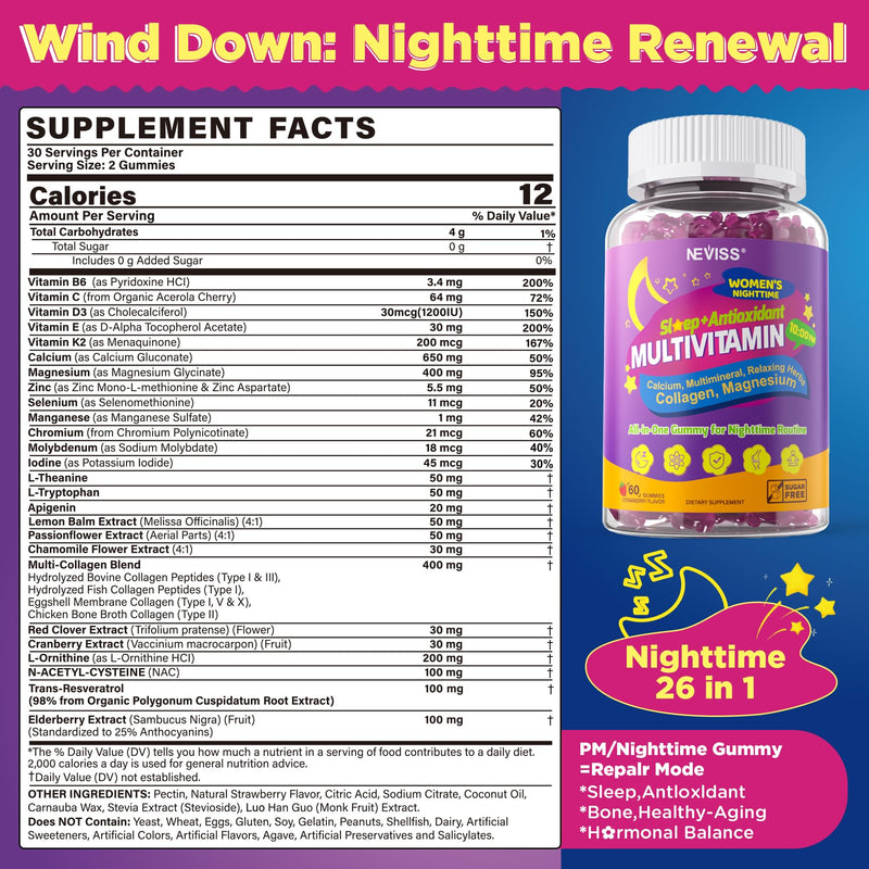 NEVISS Multivitamin for Women Gummies with Magnesium Glycinate 400mg, Hydrolyzed Collagen Gummy for Night Renewal/Sleep, Calcium D3K2, Antioxidant, Relax, Bone, Womens 18 30 40 50 60 70+ Daily Vitamin