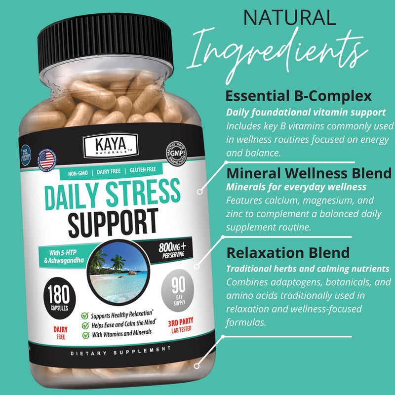 Kaya Naturals Daily Stress Support with Ashwagandha & GABA, 180 Capsules | Ashwagandha, GABA & L-Theanine, Rhodiola, Lemon Balm & Valerian, B Vitamins, Magnesium & Zinc, Daily Calm Support 180 Count (Pack of 1)