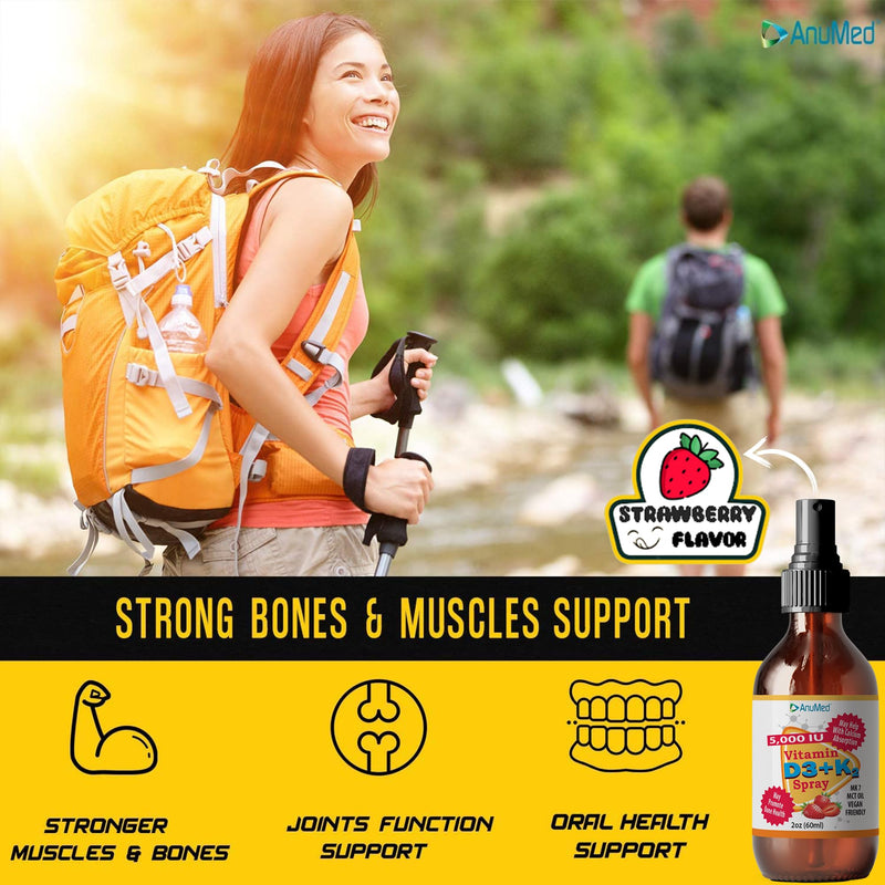 Vitamin D3 K2 5,000 IU Liquid Spray with Organic MCT Oil, Vitamin A (Retinol) 1250mcg, K2 (MK4, MK7) Promotes Heart, Bones, Immune System. 100% Vegan, Non-GMO, No Sugar Added (2oz) (Strawberry) Strawberry