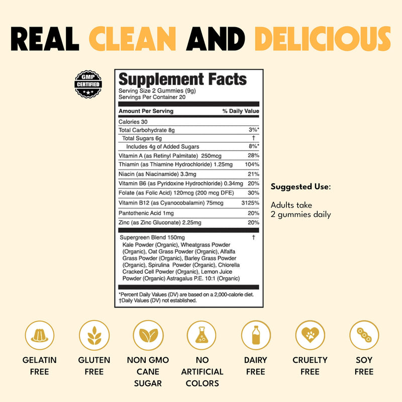 JUGO Energy + SUPERFOODS Vitamin B12 Gummies with Kale & Super Greens, Caffeine-Free Pre-Workout Energy Gummies, Vegetarian-Friendly, Gelatin-Free and Gluten-Free, Non-GMO, Made in USA, 40 Count