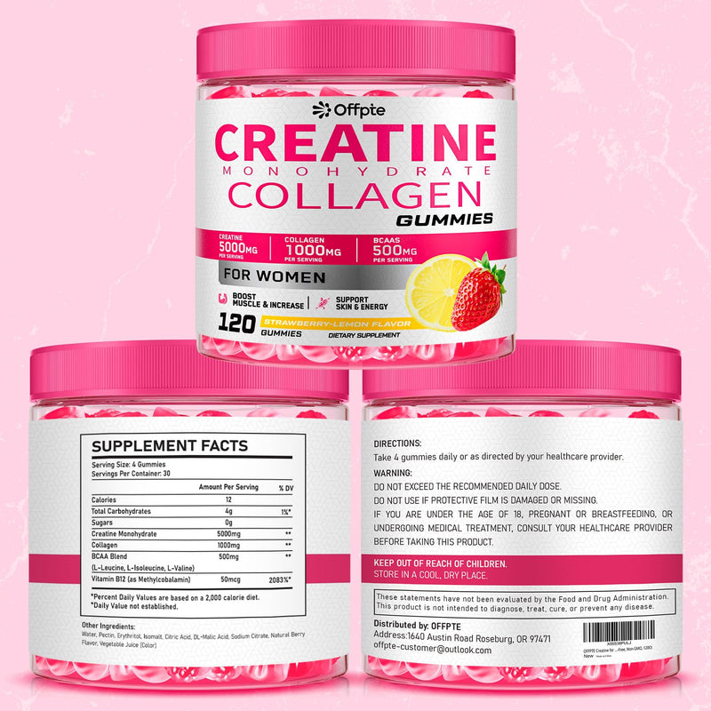 Creatine for Women, 5000mg Complex with Collagen & BCAAs, Vitamin B12 | 120 Ct Sugar-Free Creatine Gummies for Women, Creatine Monohydrate Supplements Pre-Workout Chewbles, Creatina Para Mujeres 119 Count (Pack of 1)