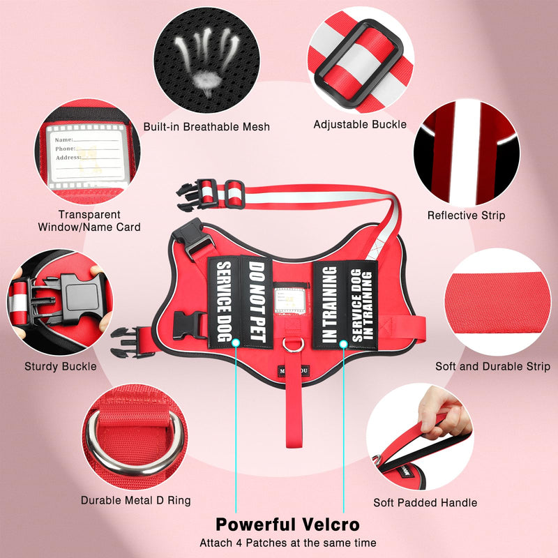 Service Dog Vest Harness and Leash Set+10 Patches,No Pull&Adjustable Reflective Dog Harness with Soft Padded Handle for Training/Everyday,Fit Small/Medium/Large/Extra-Large Dogs(Red L) Large Red - BeesActive Australia