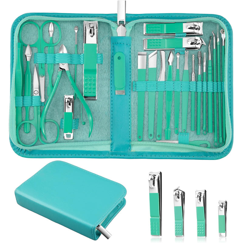MINKINH Travel Manicure Set 26-Piece, Portable Nail Clippers Kit with PU Case, Carbon Steel Clippers, 410 Stainless Steel Grooming Tools, Hand Foot Facial Care for Luggage Backpack（Green） Green