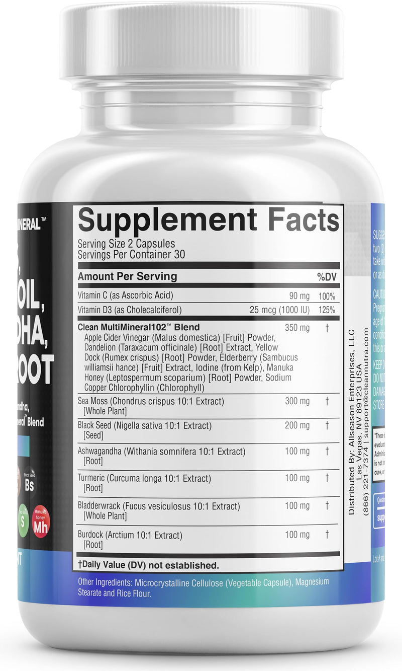 Sea Moss 3000mg Black Seed Oil 2000mg Ashwagandha 1000mg Turmeric 1000mg Bladderwrack 1000mg Burdock & Vitamin C Vitamin D3 with Elderberry Manuka Dandelion Yellow Dock Iodine Chlorophyll ACV - 2Pack - BeesActive Australia