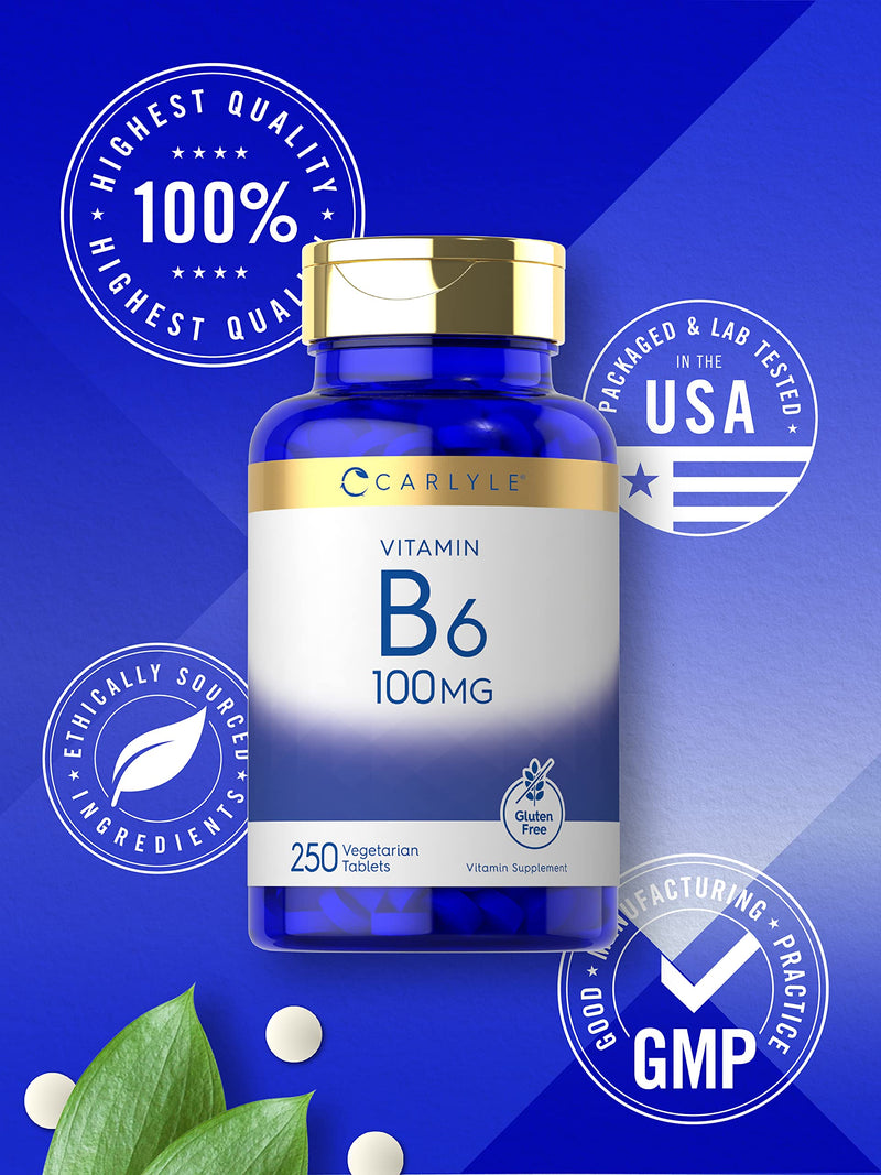 Carlyle Vitamin B6 100mg | 250 Tablets | Pyridoxine Hydrochloride Supplement | Vegetarian, Non-GMO & Gluten Free